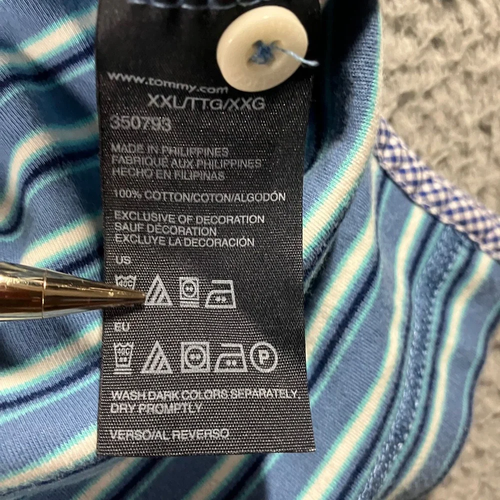 Tommy Hilfiger Polo Shirt Men XXL Blue Striped Short Sleeve Cotton Logo Pique - Picture 8 of 8